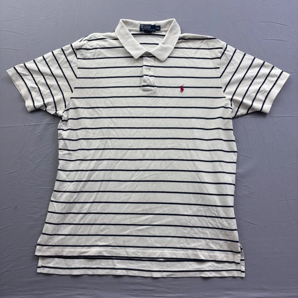 Polo Ralph Lauren Mens XXL Cream Navy Blue Striped Cotton Pique Polo Shirt